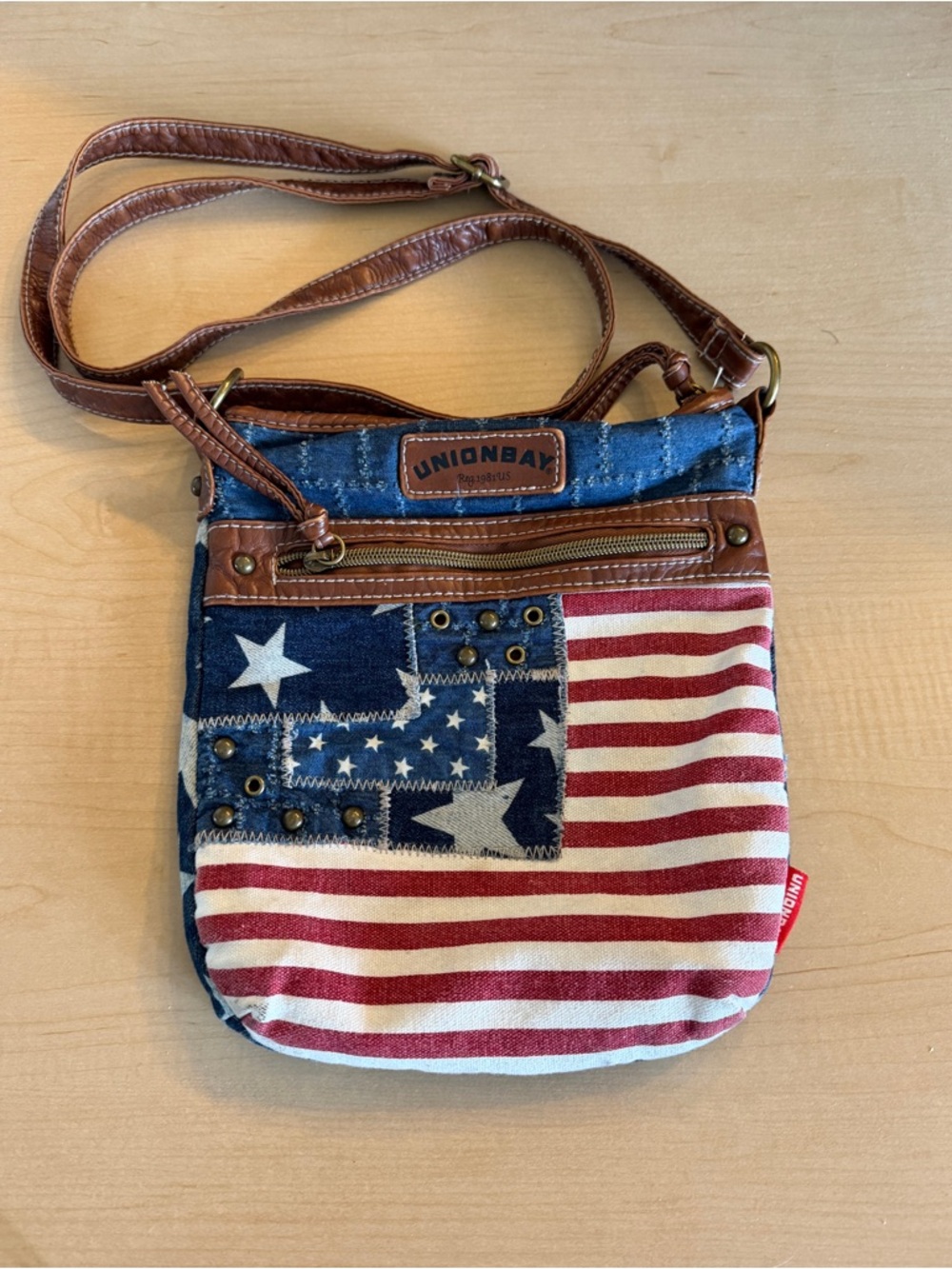UNIONBAY Patchwork American Flag Crossbody in Blue, Red & Brown
